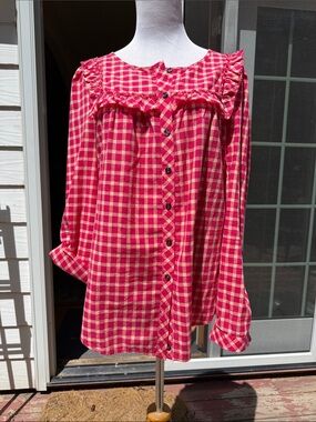 Anthropologie Holding Horses Quadrado Plaid Ruffle Blouse Pink Gingham NWOT 10